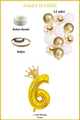 6 Rakam Gold Folyo Balon, Kral Tacı Ve Konfetili Gold Balon