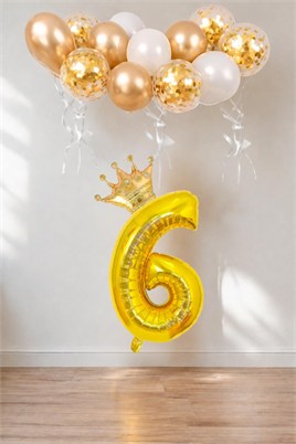 6 Rakam Gold Folyo Balon, Kral Tacı Ve Konfetili Gold Balon