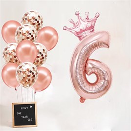 6 Rakam Rose Gold Folyo Balon, Kral Tacı Ve Konfetili Rose Gold Balon
