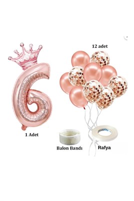 6 Rakam Rose Gold Folyo Balon, Kral Tacı Ve Konfetili Rose Gold Balon