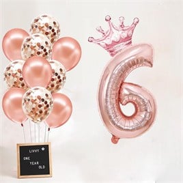 6 Rakam Rose Gold Folyo Balon, Kral Tacı Ve Konfetili Rose Gold Balon