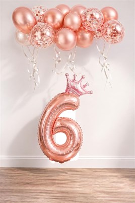 6 Rakam Rose Gold Folyo Balon, Kral Tacı Ve Konfetili Rose Gold Balon