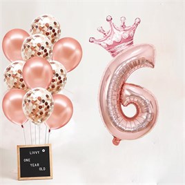 6 Rakam Rose Gold Folyo Balon, Kral Tacı Ve Konfetili Rose Gold Balon