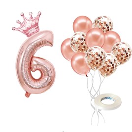 6 Rakam Rose Gold Folyo Balon, Kral Tacı Ve Konfetili Rose Gold Balon