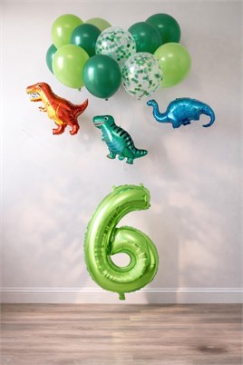 6 Yaş Dinazor Set; Rakam Folyo, 3 Adet Mini Dinazor ve 10 lu Balon
