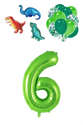 6 Yaş Dinazor Set; Rakam Folyo, 3 Adet Mini Dinazor ve 10 lu Balon