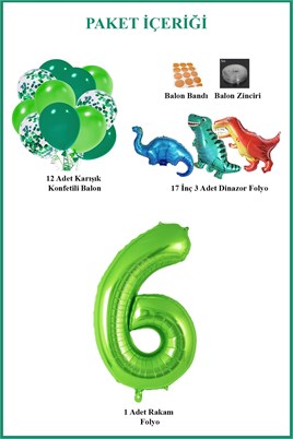 6 Yaş Dinazor Set; Rakam Folyo, 3 Adet Mini Dinazor ve 10 lu Balon