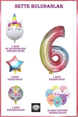 6 Yaş Gökkuşağı Konsepti Unicorn Temalı Doğum Günü Parti Kutlama Seti