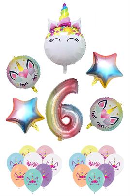 6 Yaş Gökkuşağı Konsepti Unicorn Temalı Doğum Günü Parti Kutlama Seti