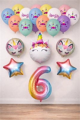 6 Yaş Gökkuşağı Konsepti Unicorn Temalı Doğum Günü Parti Kutlama Seti