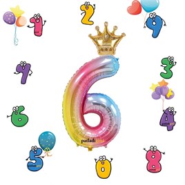6 Yaş Gökkuşağı Rakam ve Kral Tacı Folyo Balon Doğum Günü Parti Kutlama Seti