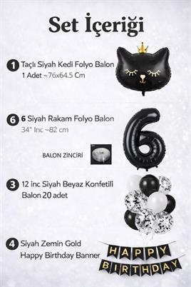 6 Yaş Kedi Temalı Doğum Günü Balon Seti – Siyah Konsept