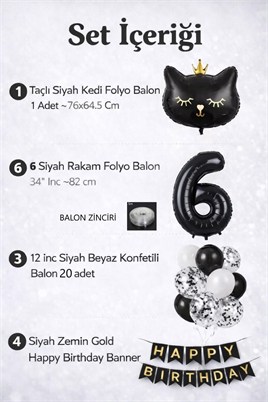 6 Yaş Kedi Temalı Doğum Günü Balon Seti – Siyah Konsept
