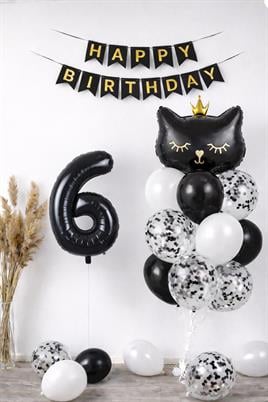 6 Yaş Kedi Temalı Doğum Günü Balon Seti – Siyah Konsept