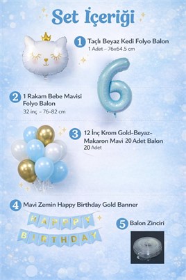 6 Yaş Kedi Temalı Doğum Günü Balon Seti – Mavi Gold Konsept