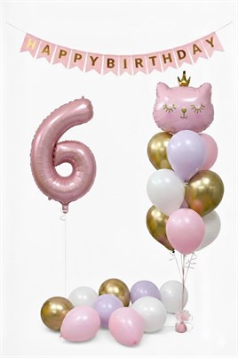 6 Yaş Kedi Temalı Günü Balon Doğum Seti – Pembe Gold Konsept