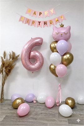 6 Yaş Kedi Temalı Günü Balon Doğum Seti – Pembe Gold Konsept