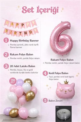 6 Yaş Kedi Temalı Günü Balon Doğum Seti – Pembe Gold Konsept