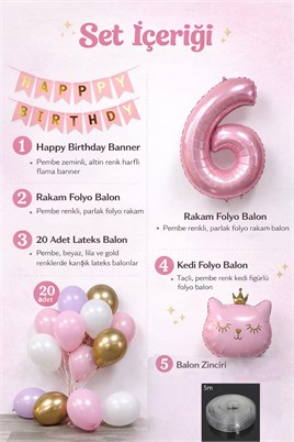 6 Yaş Kedi Temalı Günü Balon Doğum Seti – Pembe Gold Konsept