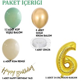 6 Yaş Küf Yeşili Deniz Kumu ve Krom Gold Balonlu Konsept  Doğum Günü Seti