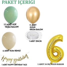6 Yaş Küf Yeşili Deniz Kumu ve Krom Gold Balonlu Konsept  Doğum Günü Seti