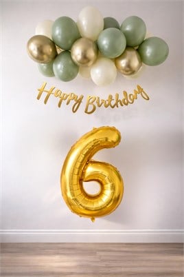 6 Yaş Küf Yeşili Deniz Kumu ve Krom Gold Balonlu Konsept  Doğum Günü Seti