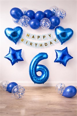 6 Yaş Mavi Konsept Doğum Günü Seti;  Kalp Yıldız Folyo Balon Set