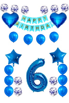 6 Yaş Mavi Konsept Doğum Günü Seti;  Kalp Yıldız Folyo Balon Set
