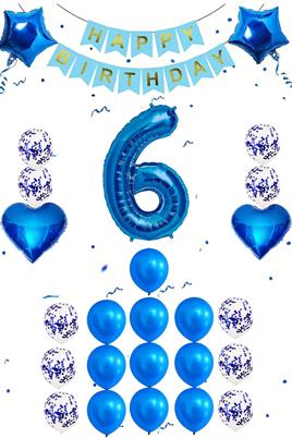 6 Yaş Mavi Konsept Doğum Günü Seti;  Kalp Yıldız Folyo Balon Set