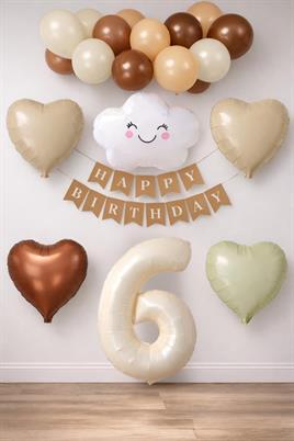 6 Yaş Retro Doğum Günü Seti; Krem Rakam Folyo, Banner, Kalp Folyo ve Lateks Balon