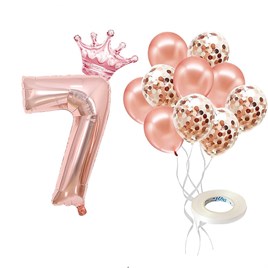 7 Rakam Rose Gold Folyo Balon, Kral Tacı Ve Konfetili Rose Gold Balon