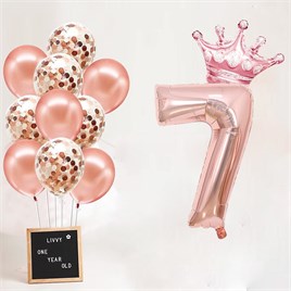 7 Rakam Rose Gold Folyo Balon, Kral Tacı Ve Konfetili Rose Gold Balon