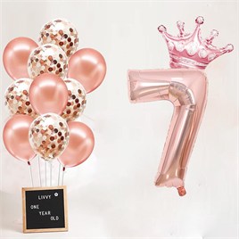 7 Rakam Rose Gold Folyo Balon, Kral Tacı Ve Konfetili Rose Gold Balon