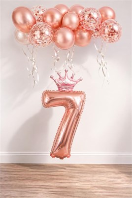 7 Rakam Rose Gold Folyo Balon, Kral Tacı Ve Konfetili Rose Gold Balon