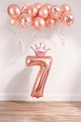 7 Rakam Rose Gold Folyo Balon, Kral Tacı Ve Konfetili Rose Gold Balon