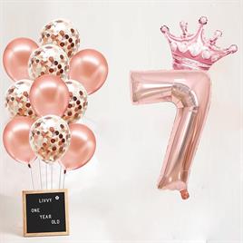 7 Rakam Rose Gold Folyo Balon, Kral Tacı Ve Konfetili Rose Gold Balon