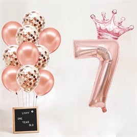 7 Rakam Rose Gold Folyo Balon, Kral Tacı Ve Konfetili Rose Gold Balon