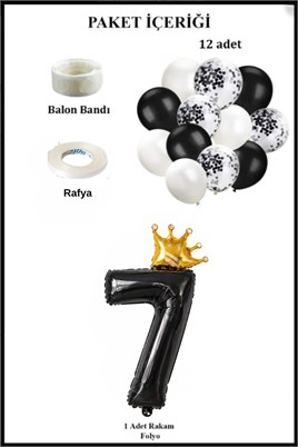7 Rakam Siyah Folyo Balon, Kral Tacı Ve Konfetili Siyah Balon Set