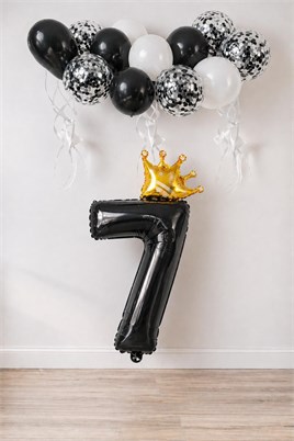 7 Rakam Siyah Folyo Balon, Kral Tacı Ve Konfetili Siyah Balon Set