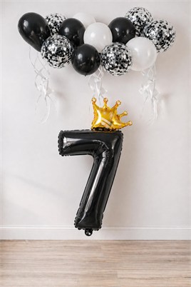 7 Rakam Siyah Folyo Balon, Kral Tacı Ve Konfetili Siyah Balon Set