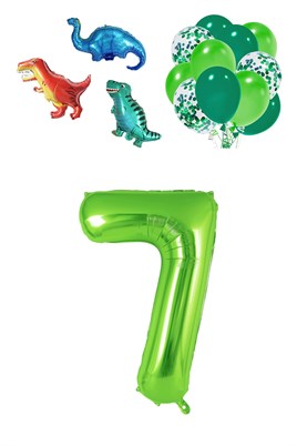 7 Yaş Dinazor Set; Rakam Folyo, 3 Adet Mini Dinazor ve 10 lu Balon