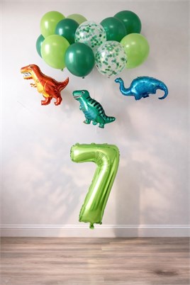 7 Yaş Dinazor Set; Rakam Folyo, 3 Adet Mini Dinazor ve 10 lu Balon