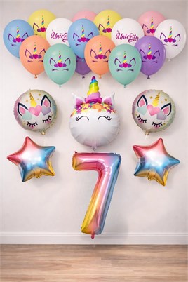 7 Yaş Gökkuşağı Konsepti Unicorn Temalı Doğum Günü Parti Kutlama Seti