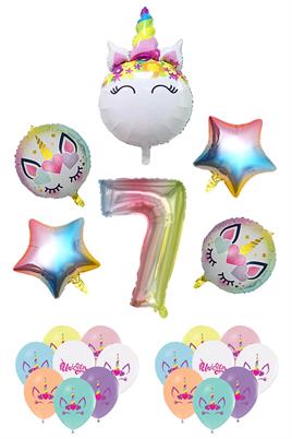 7 Yaş Gökkuşağı Konsepti Unicorn Temalı Doğum Günü Parti Kutlama Seti