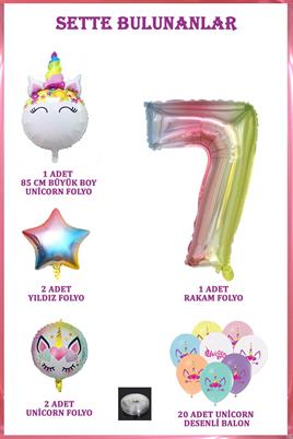 7 Yaş Gökkuşağı Konsepti Unicorn Temalı Doğum Günü Parti Kutlama Seti