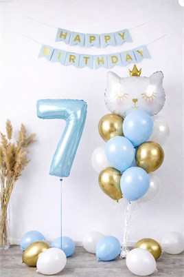 7 Yaş Kedi Temalı Doğum Günü Balon Seti – Mavi Gold Konsept
