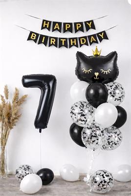 7 Yaş Kedi Temalı Doğum Günü Balon Seti – Siyah Konsept