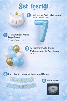 7 Yaş Kedi Temalı Doğum Günü Balon Seti – Mavi Gold Konsept