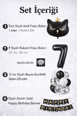 7 Yaş Kedi Temalı Doğum Günü Balon Seti – Siyah Konsept
