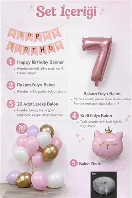 7 Yaş Kedi Temalı Günü Balon Doğum Seti – Pembe Gold Konsept